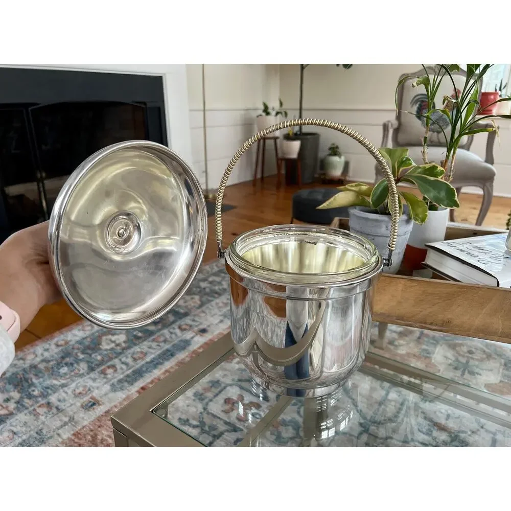 Vintage Silver MCM Ice Bucket Sheffield Silver Company Pyrex Insert, Made in USA